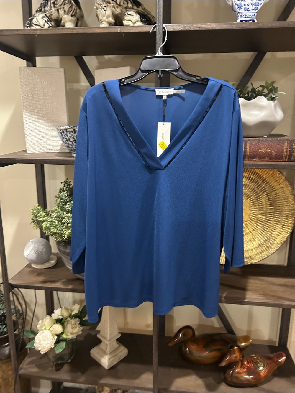 Calvin Klein 2x Royal Blue V-Neck Tunic with Subtle Trim